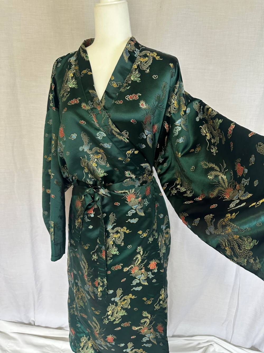 Emerald Green Floral Satin Wrap Coat Kimono - Picture 6 of 13